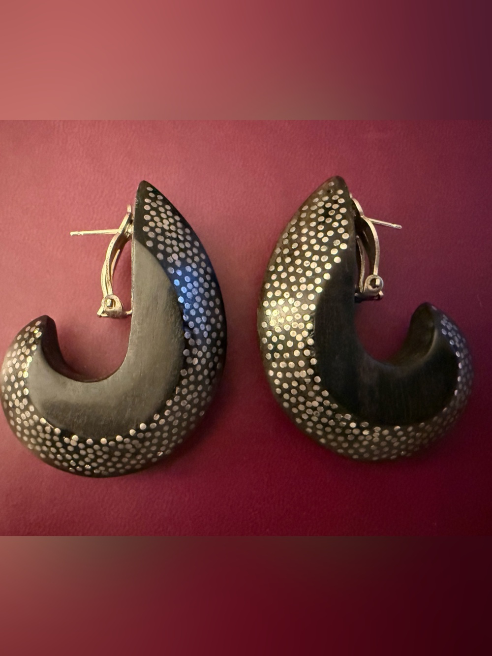 Black Crescent Clip-On Earrings with Silver Dot Pattern